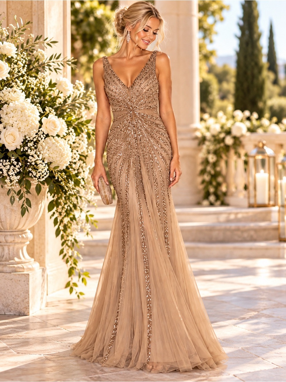 Adrianna Papell Size 2 Champagne Sequin Beaded Illusion Formal Prom Wedding Gown